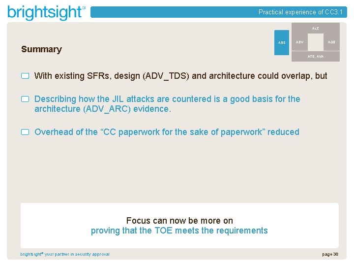 Practical experience of CC 3. 1 ALC ASE Summary AGD ADV ATE, AVA With