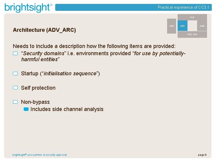 Practical experience of CC 3. 1 ALC Architecture (ADV_ARC) ASE AGD ADV ATE, AVA