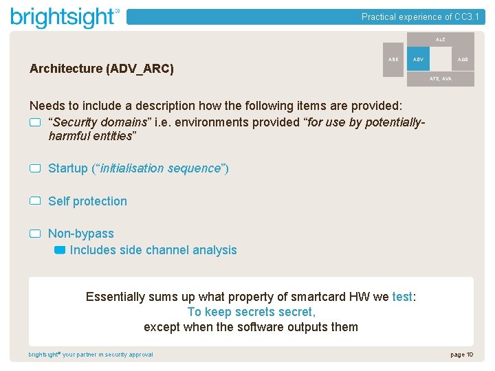 Practical experience of CC 3. 1 ALC Architecture (ADV_ARC) ASE AGD ADV ATE, AVA