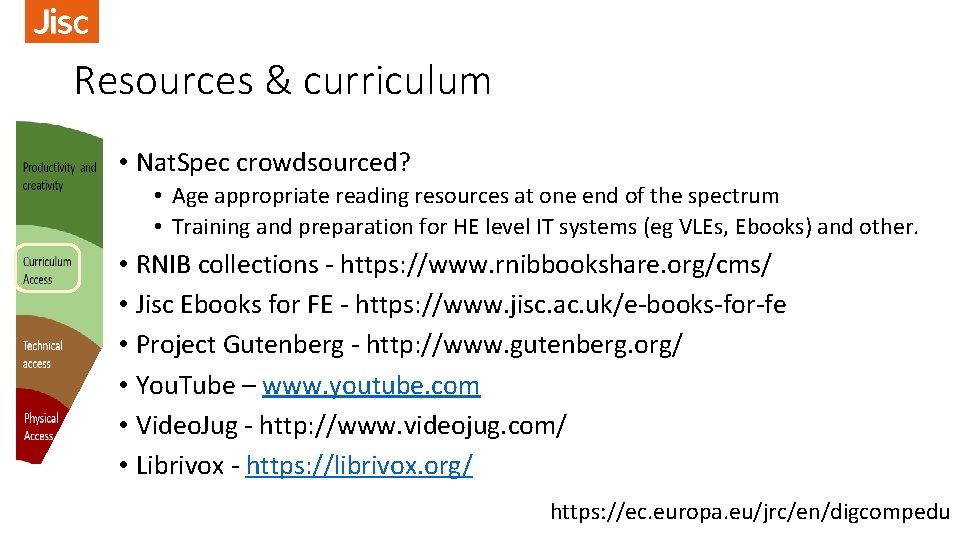 Resources & curriculum • Nat. Spec crowdsourced? • Age appropriate reading resources at one