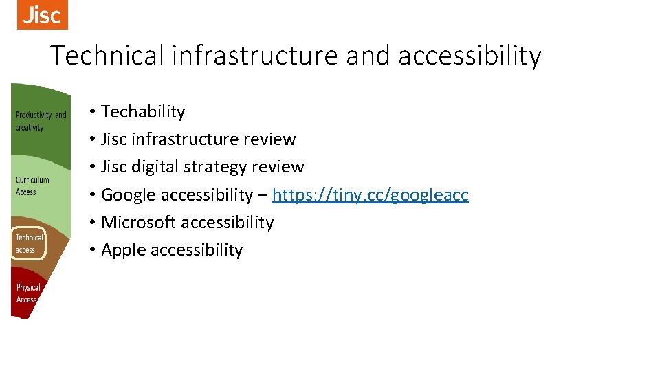 Technical infrastructure and accessibility • Techability • Jisc infrastructure review • Jisc digital strategy