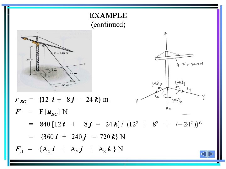 EXAMPLE (continued) r BC = {12 i + 8 j 24 k} m F EXAMPLE (continued) r BC = {12 i + 8 j 24 k} m F