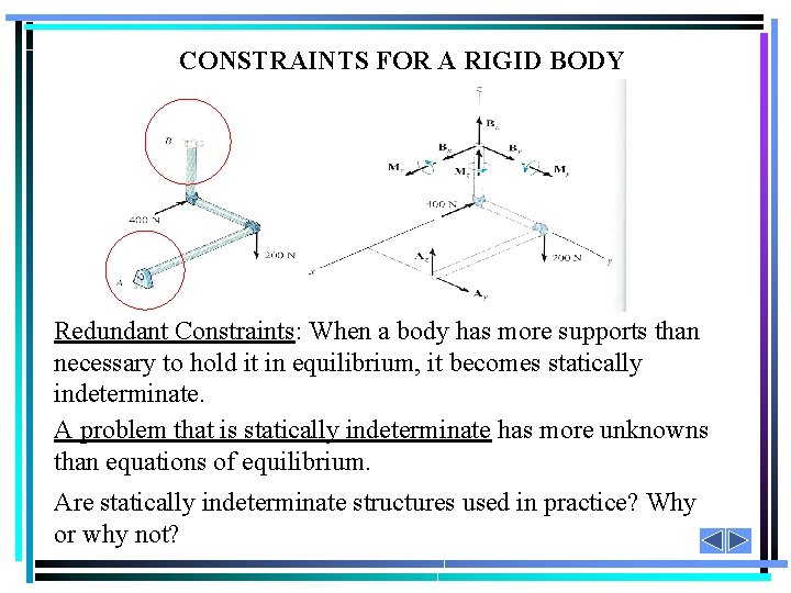 CONSTRAINTS FOR A RIGID BODY Redundant Constraints: When a body has more supports than