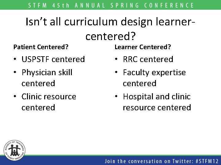 Isn’t all curriculum design learnercentered? Patient Centered? Learner Centered? • USPSTF centered • Physician Isn’t all curriculum design learnercentered? Patient Centered? Learner Centered? • USPSTF centered • Physician
