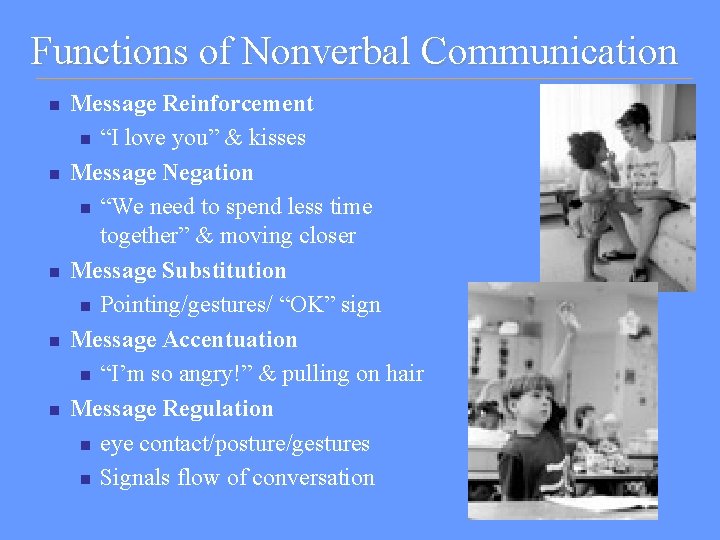 Functions of Nonverbal Communication n n Message Reinforcement n “I love you” & kisses