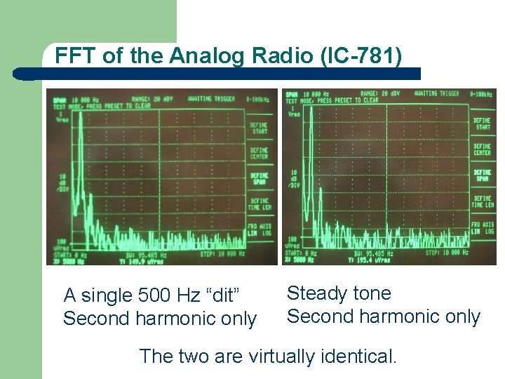 FFT of the Analog Radio (IC-781) A single 500 Hz “dit” Second harmonic only