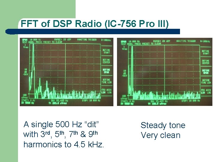 FFT of DSP Radio (IC-756 Pro III) A single 500 Hz “dit” with 3