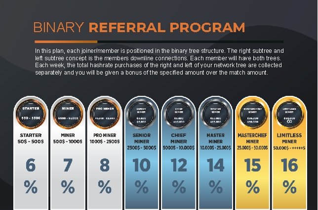 BINARY REFERRAL PROGRAM In this plan, each joiner/member is positioned in the binary tree