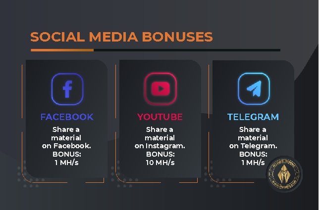 SOCIAL MEDIA BONUSES FACEBOOK YOUTUBE TELEGRAM Share a material on Facebook. BONUS: 1 MH/s