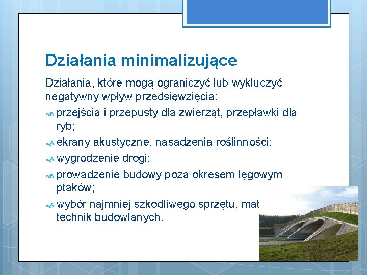 Działania minimalizujące Działania, które mogą ograniczyć lub wykluczyć negatywny wpływ przedsięwzięcia: przejścia i przepusty