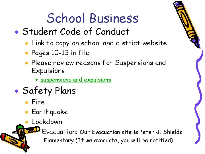 School Business · Student Code of Conduct · Link to copy on school and