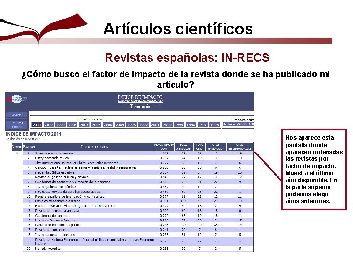 Artículos científicos Revistas españolas: IN-RECS ¿Cómo busco el factor de impacto de la revista