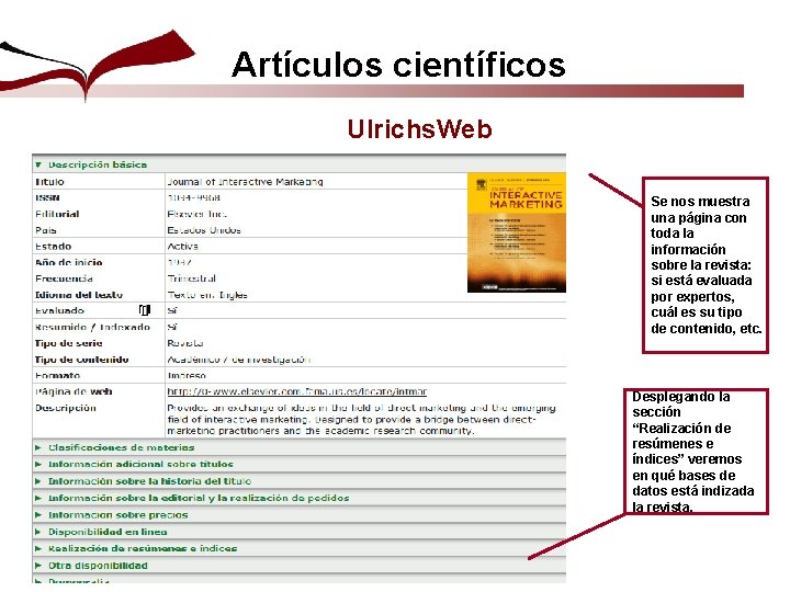 Artículos científicos Ulrichs. Web Se nos muestra una página con toda la información sobre