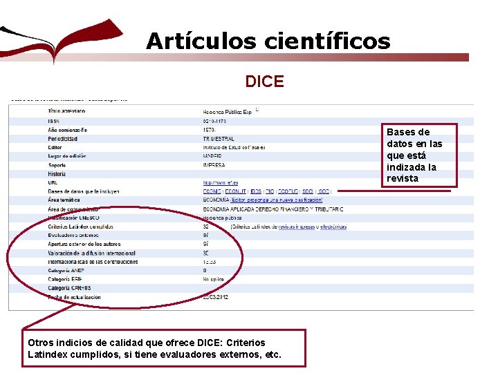 Artículos científicos DICE Bases de datos en las que está indizada la revista Otros