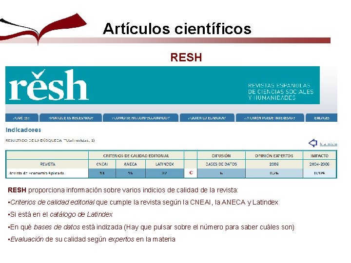 Artículos científicos RESH proporciona información sobre varios indicios de calidad de la revista: •