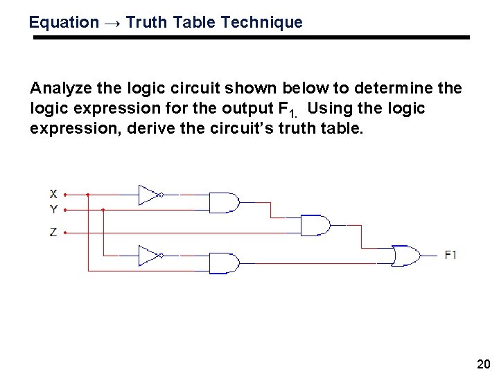 Equation → Truth Table Technique Analyze the logic circuit shown below to determine the