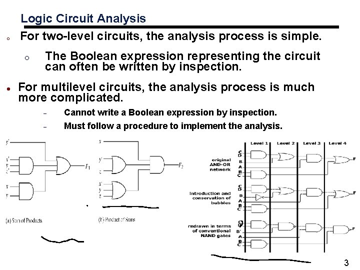 o Logic Circuit Analysis For two-level circuits, the analysis process is simple. o The