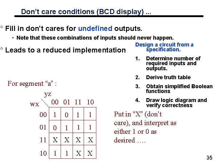 Don’t care conditions (BCD display). . . ° Fill in don’t cares for undefined Don’t care conditions (BCD display). . . ° Fill in don’t cares for undefined