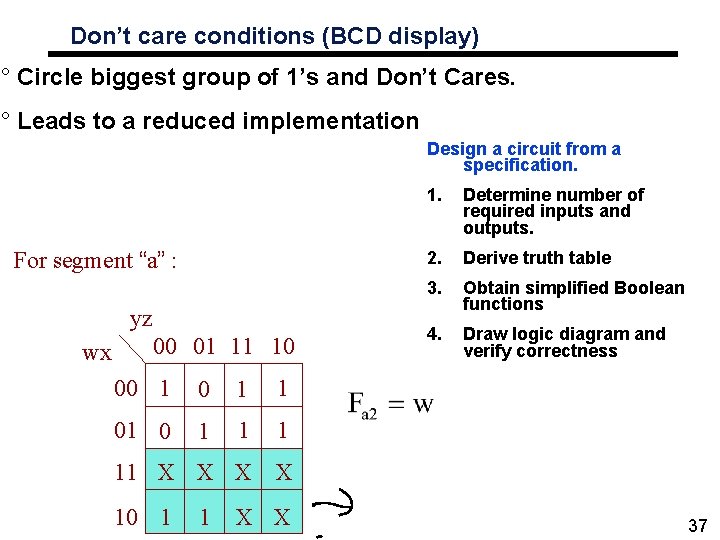 Don’t care conditions (BCD display) ° Circle biggest group of 1’s and Don’t Cares.