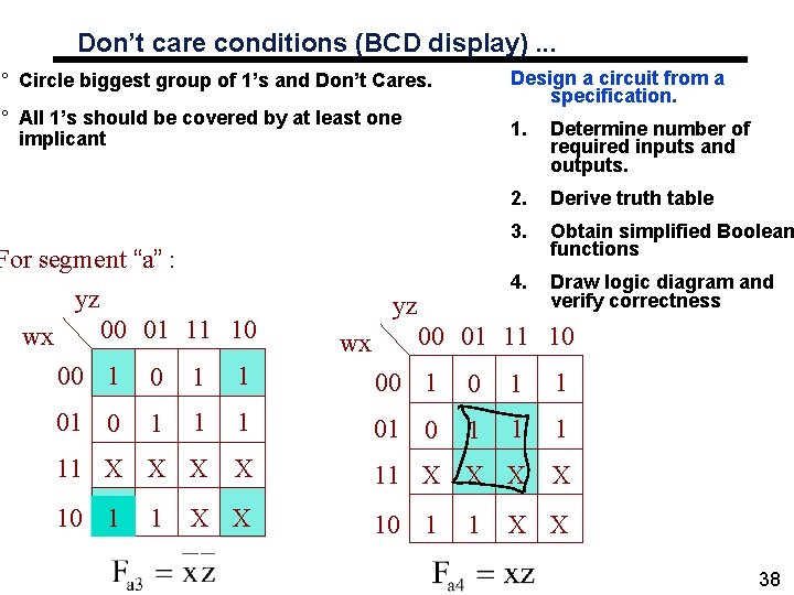 Don’t care conditions (BCD display). . . Design a circuit from a specification. ° Don’t care conditions (BCD display). . . Design a circuit from a specification. °