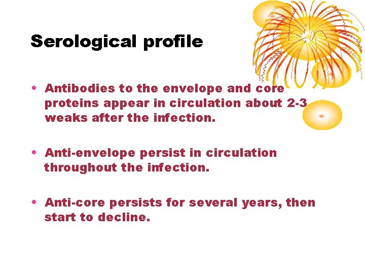 Serological profile • Antibodies to the envelope and core proteins appear in circulation about