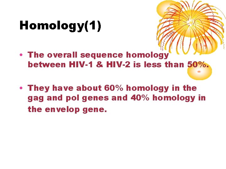 Homology(1) • The overall sequence homology between HIV-1 & HIV-2 is less than 50%.