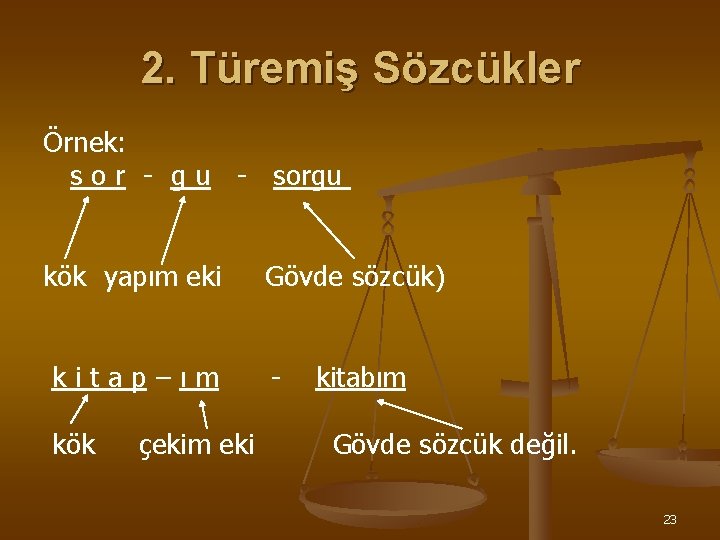 2. Türemiş Sözcükler Örnek: s o r - g u - sorgu kök yapım