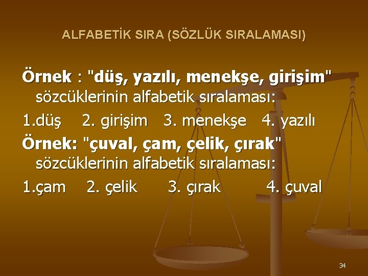 ALFABETİK SIRA (SÖZLÜK SIRALAMASI) Örnek : "düş, yazılı, menekşe, girişim" sözcüklerinin alfabetik sıralaması: 1.