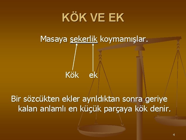 KÖK VE EK Masaya şekerlik koymamışlar. Kök ek Bir sözcükten ekler ayrıldıktan sonra geriye