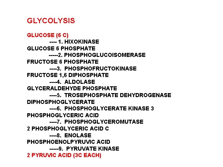 GLYCOLYSIS GLUCOSE (6 C) ---- 1. HIXOKINASE GLUCOSE 6 PHOSPHATE -----2. PHOSPHOGLUCOISOMERASE FRUCTOSE 6