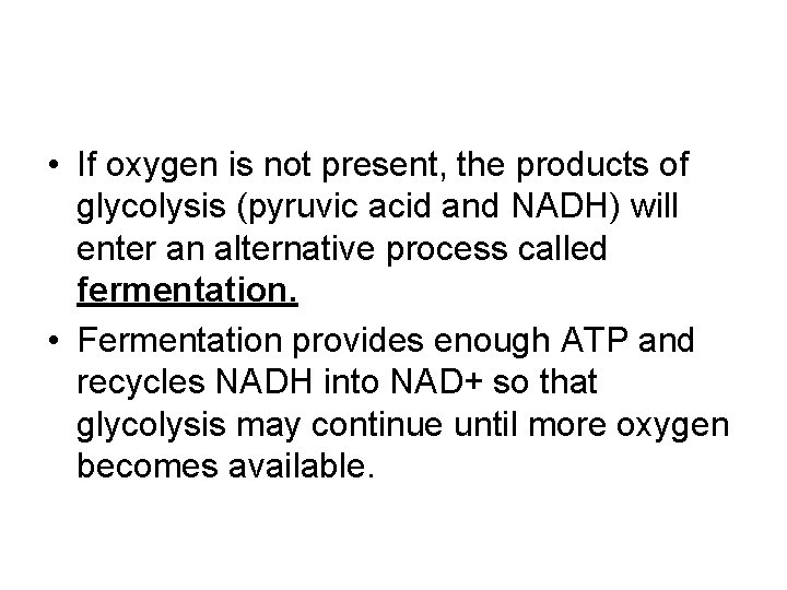  • If oxygen is not present, the products of glycolysis (pyruvic acid and