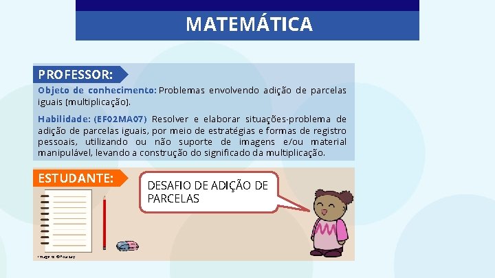 MATEMÁTICA PROFESSOR: Objeto de conhecimento: Problemas envolvendo adição de parcelas iguais (multiplicação). Habilidade: (EF