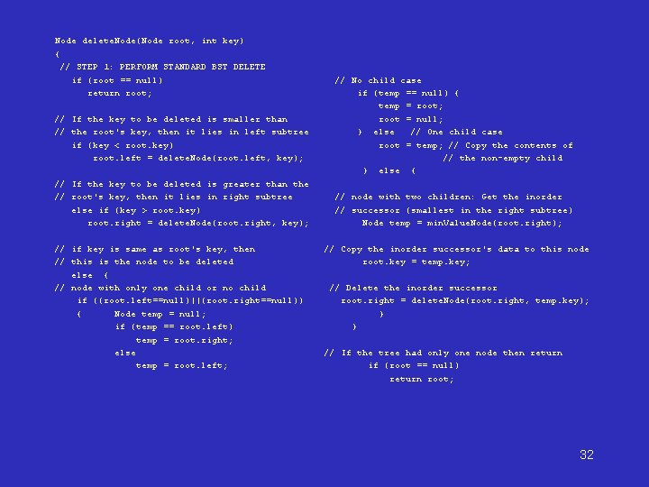 Node delete. Node(Node root, int key) { // STEP 1: PERFORM STANDARD BST DELETE