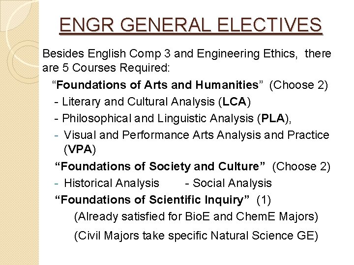 ENGR GENERAL ELECTIVES Besides English Comp 3 and Engineering Ethics, there are 5 Courses