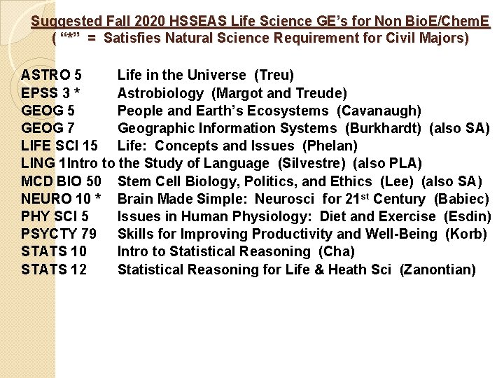 Suggested Fall 2020 HSSEAS Life Science GE’s for Non Bio. E/Chem. E ( “*”