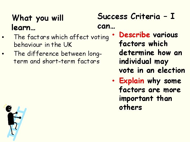 What you will learn… • • Success Criteria – I can… The factors which