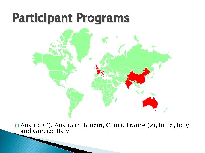 Participant Programs � Austria (2), Australia, Britain, China, France (2), India, Italy, and Greece,