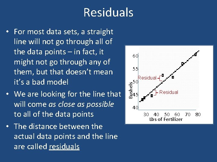 Residuals 60 55 Residual 50 Bushels • For most data sets, a straight line