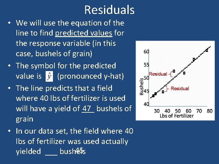 Residuals • We will use the equation of the line to find predicted values