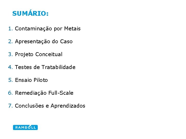 SUMÁRIO: 1. Contaminação por Metais 2. Apresentação do Caso 3. Projeto Conceitual 4. Testes