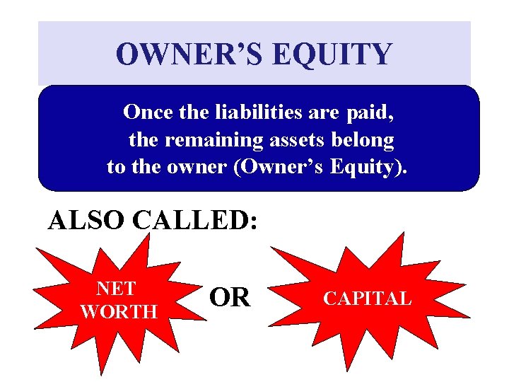 OWNER’S EQUITY Once the liabilities are paid, the remaining assets belong to the owner