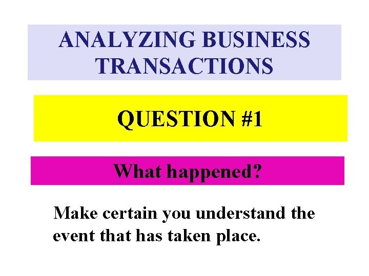 ANALYZING BUSINESS TRANSACTIONS QUESTION #1 What happened? Make certain you understand the event that