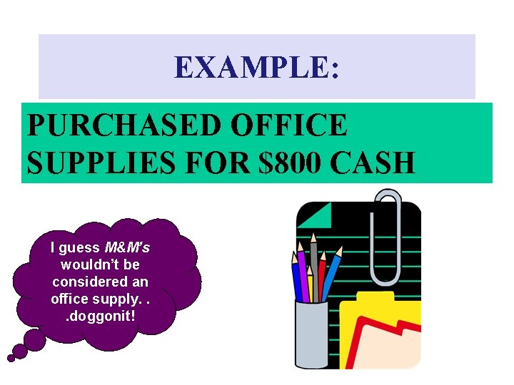 EXAMPLE: PURCHASED OFFICE SUPPLIES FOR $800 CASH I guess M&M’s wouldn’t be considered an