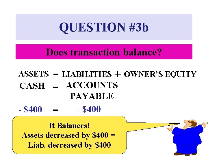 QUESTION #3 b Does transaction balance? ASSETS = LIABILITIES + OWNER’S EQUITY CASH =