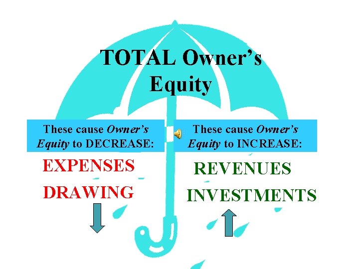 TOTAL Owner’s Equity These cause Owner’s Equity to DECREASE: EXPENSES DRAWING These cause Owner’s