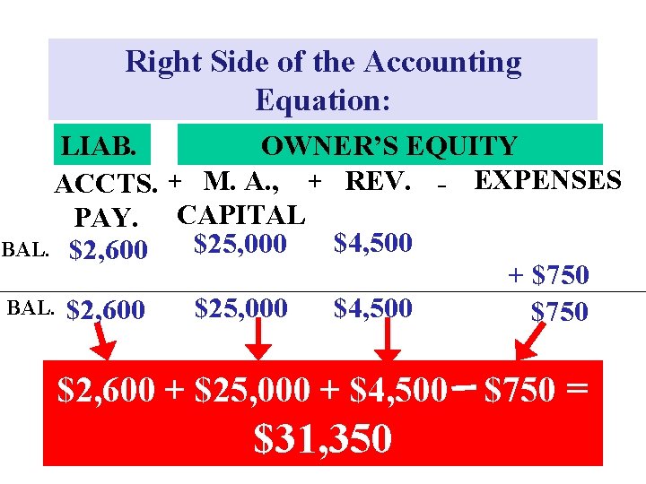 Right Side of the Accounting Equation: LIAB. OWNER’S EQUITY ACCTS. + M. A. ,