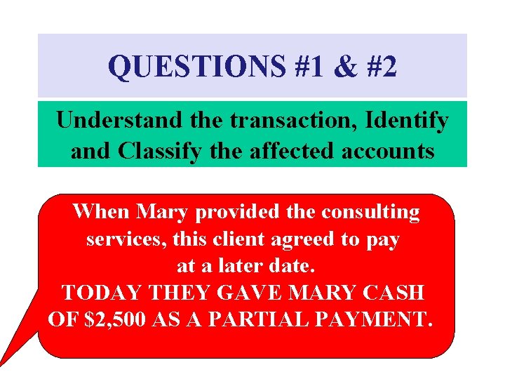 QUESTIONS #1 & #2 Understand the transaction, Identify and Classify the affected accounts When