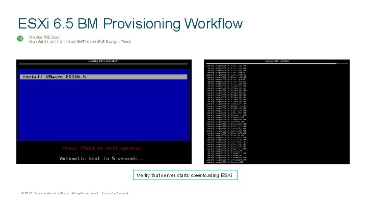 ESXi 6. 5 BM Provisioning Workflow Verify that server starts downloading ESXi © 2017