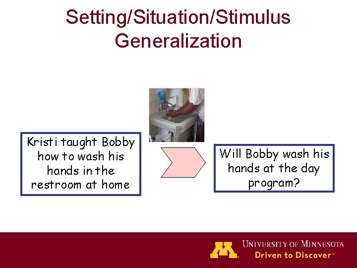 Setting/Situation/Stimulus Generalization Kristi taught Bobby how to wash his hands in the restroom at