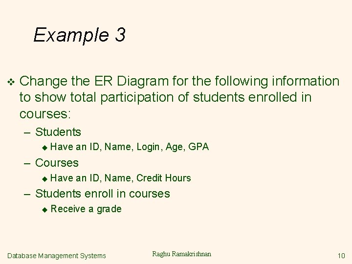 Example 3 v Change the ER Diagram for the following information to show total